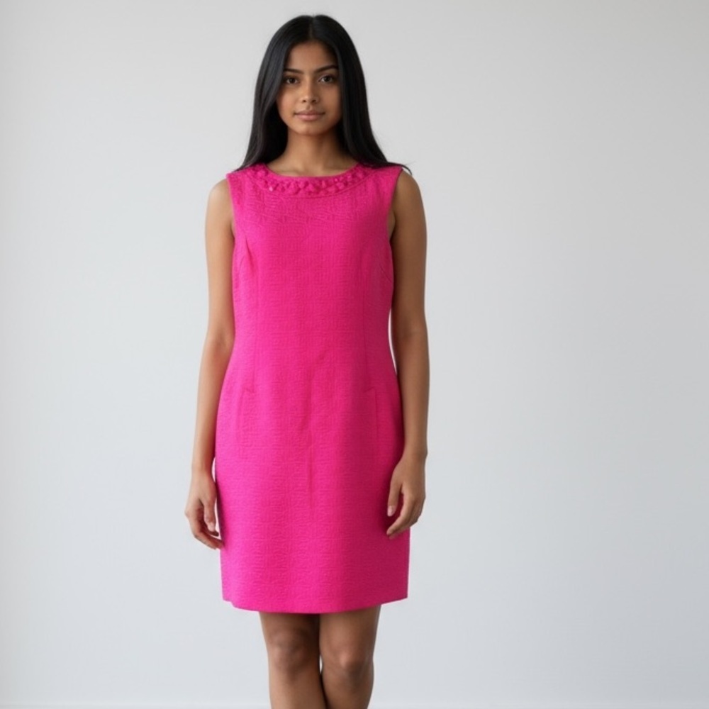 Sandra Darren ladies sleeveless pink lined dress 16 beaded neckline perfect